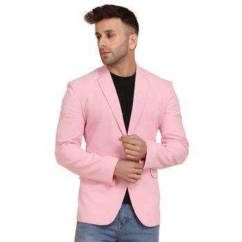 men pink solid single breasted casual blazer 1