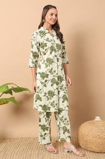 Cream colour beautiful trendy coord set dress with girlish floral print for ethnic looks