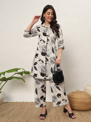 White colour beautiful trendy coord set dress with girlish floral print for ethnic looks 1