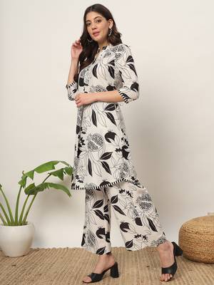 White colour beautiful trendy coord set dress with girlish floral print for ethnic looks 3