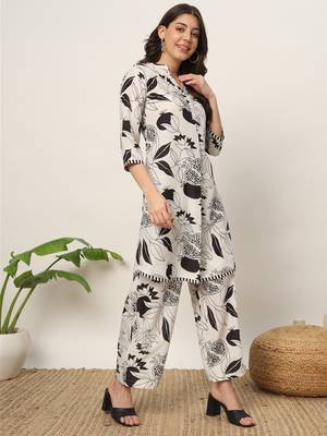 White colour beautiful trendy coord set dress with girlish floral print for ethnic looks 4