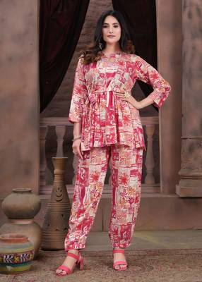 Pink colour beautiful rayon fabric printed top bottom set for party looks 1