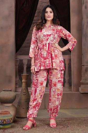 Pink colour beautiful rayon fabric designer printed top bottom set for party looks