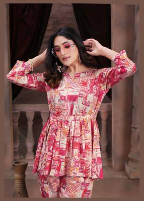 Pink colour beautiful rayon fabric printed top bottom set for party looks 2