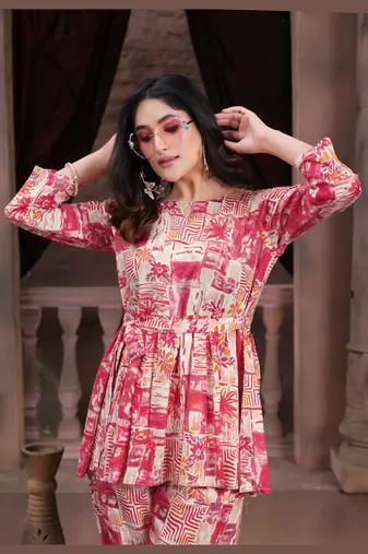 Pink colour beautiful rayon fabric printed top bottom set for party looks