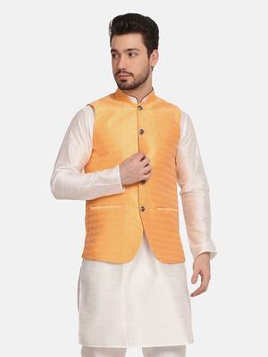 men orange silk blend nehru jacket 1