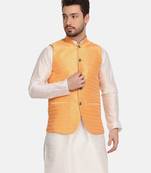men orange silk blend nehru jacket