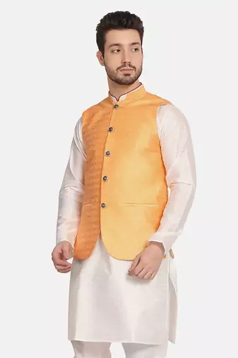 men orange silk blend nehru jacket