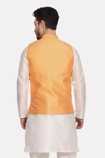 men orange silk blend nehru jacket
