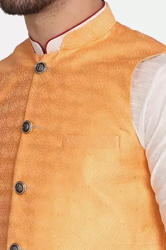 men orange silk blend nehru jacket