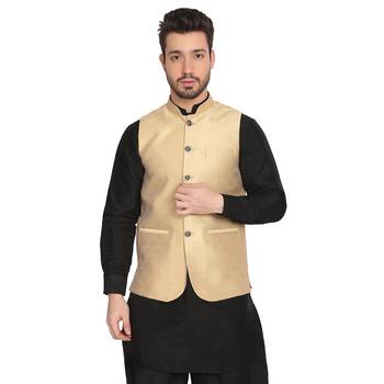 men golden silk blend nehru jacket 1