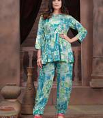Blue colour beautiful rayon fabric designer printed top bottom set for party looks