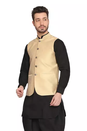 men golden silk blend nehru jacket
