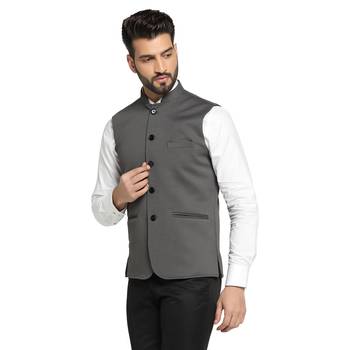 Men grey textured nehru jacket 2