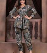 Grey colour beautiful chanderi fabric designer printed top bottom set for party looks