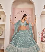 Mesmerizing Ocean Blue Butterfly Net White Cotton Thread Zari Sandwich Sequence Work Lehenga Choli For Wedding