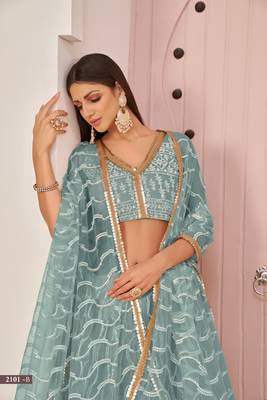 Mesmerizing Ocean Blue Butterfly Net White Cotton Thread Zari Sandwich Sequence Work Lehenga Choli For Wedding 3