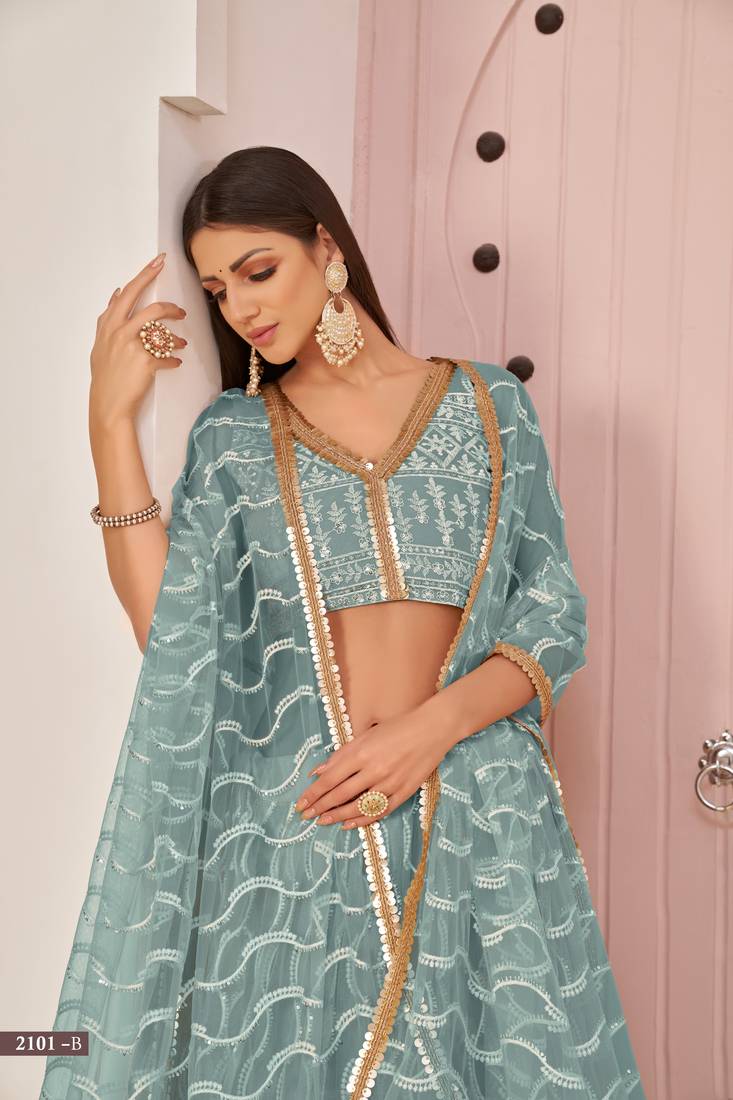 Mesmerizing Ocean Blue Butterfly Net White Cotton Thread Zari Sandwich Sequence Work Lehenga Choli For Wedding