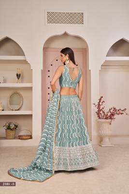 Mesmerizing Ocean Blue Butterfly Net White Cotton Thread Zari Sandwich Sequence Work Lehenga Choli For Wedding 4
