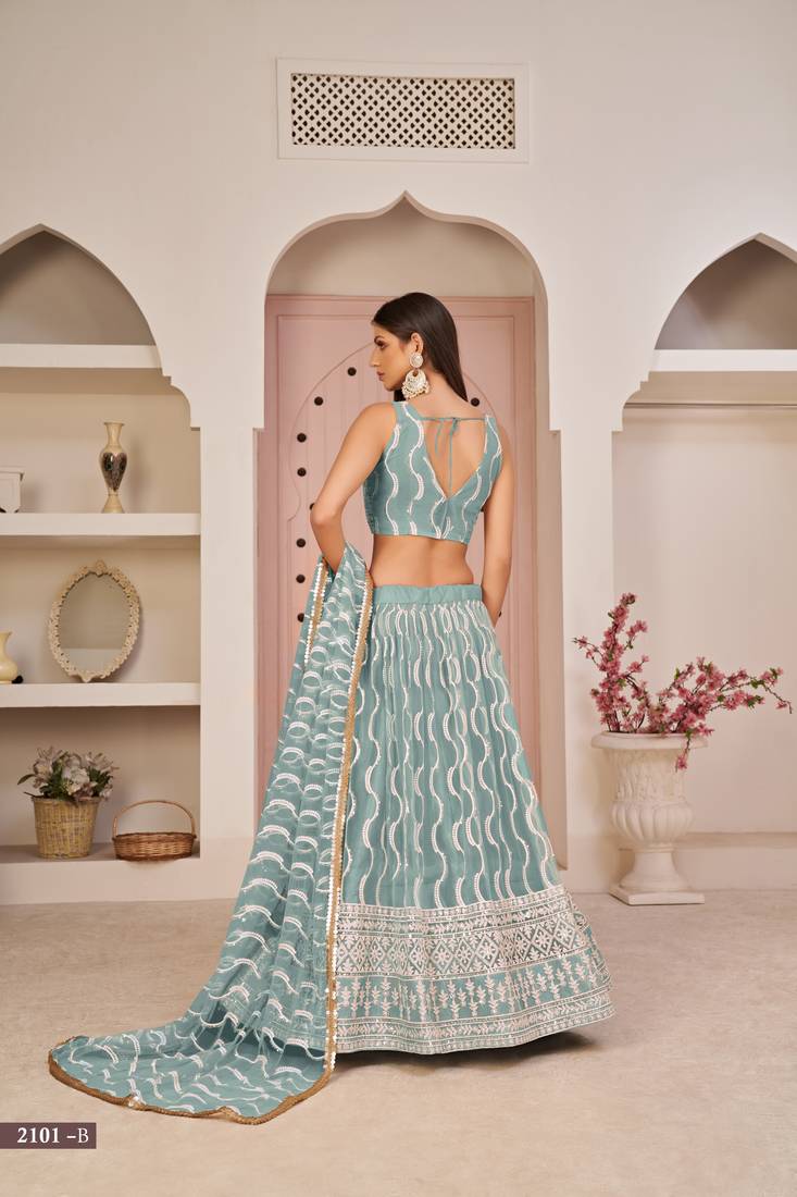 Mesmerizing Ocean Blue Butterfly Net White Cotton Thread Zari Sandwich Sequence Work Lehenga Choli For Wedding