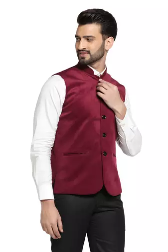 men maroon velvet nehru jacket