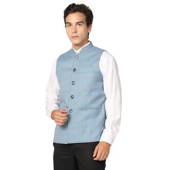 men blue checks nehru jacket 2