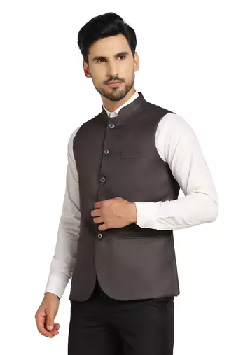 men grey solid nehru jacket
