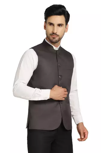 men grey solid nehru jacket