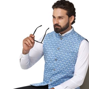 men blue printed nehru jacket 1