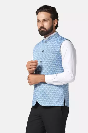 men blue printed nehru jacket
