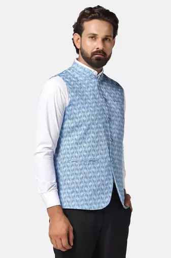 men blue printed nehru jacket