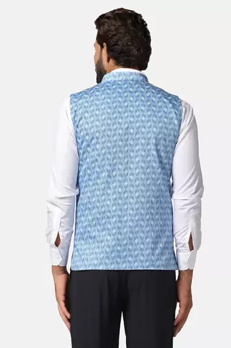men blue printed nehru jacket
