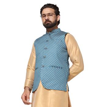 men blue printed nehru jacket 1