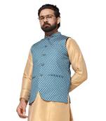 men blue printed nehru jacket