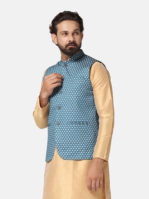 men blue printed nehru jacket 2