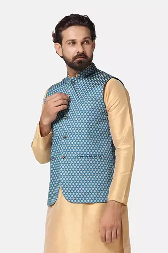men blue printed nehru jacket