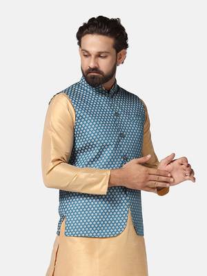men blue printed nehru jacket 3