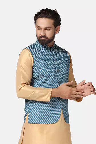 men blue printed nehru jacket