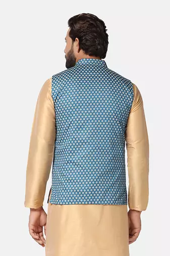 men blue printed nehru jacket