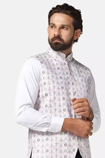 men pink printed nehru jacket