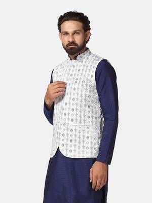 men green cotton printed nehru jacket 2