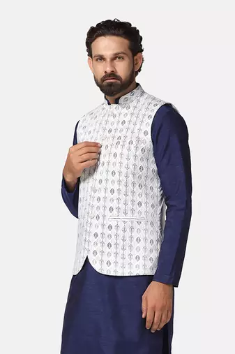 men green cotton printed nehru jacket