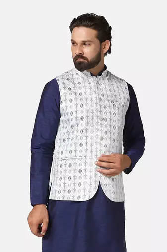 men green cotton printed nehru jacket