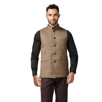 men brown check nehru jacket 1