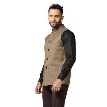 men brown check nehru jacket 2