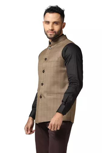 men brown check nehru jacket