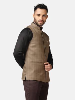 men brown check nehru jacket 3