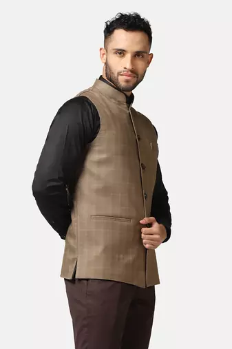 men brown check nehru jacket