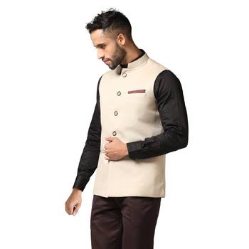 men beige solid nehru jacket 2