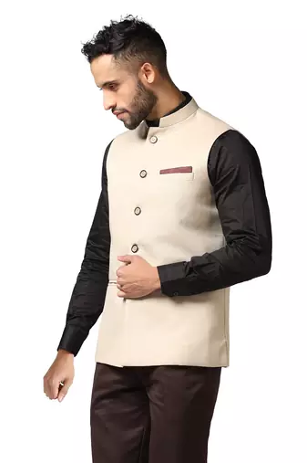 men beige solid nehru jacket